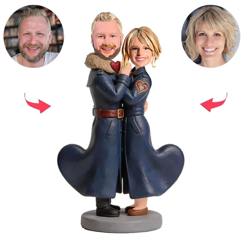 Trench Coat Couple Snuggling Together Custom Bobbleheads
