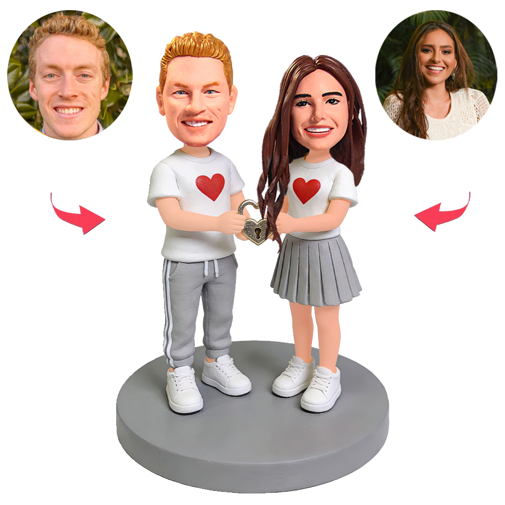 Couple Holding Heart-Shaped Locks Custom Bobbleheads