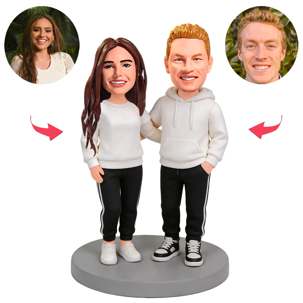Couple Casually Embracing Custom Bobbleheads