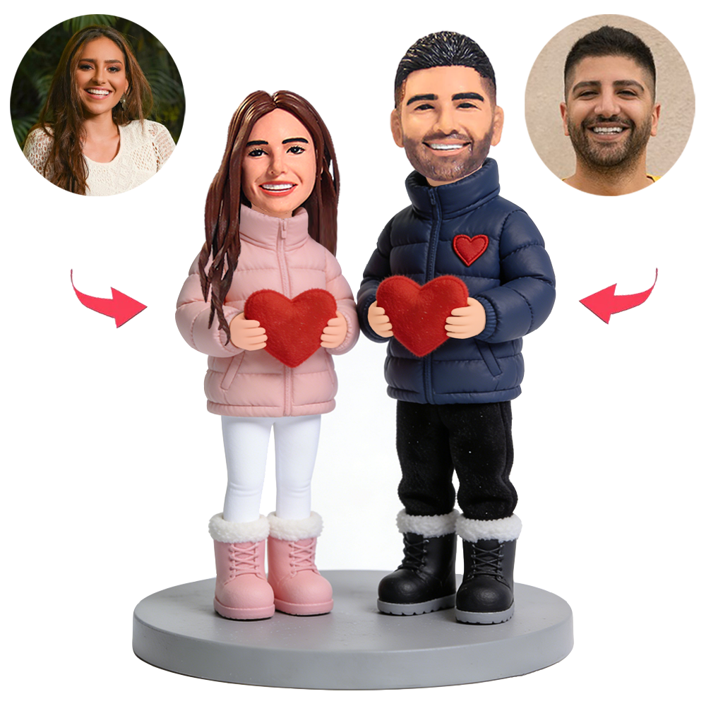 Couple in Down Jackets Holding Hearts Custom Bobbleheads