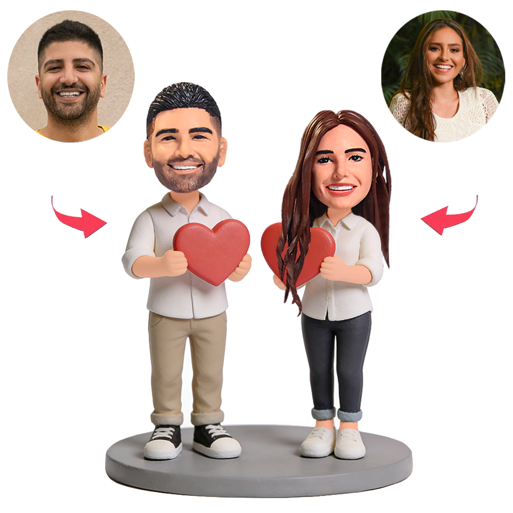 Couple in Shirts Holding Hearts Custom Bobbleheads