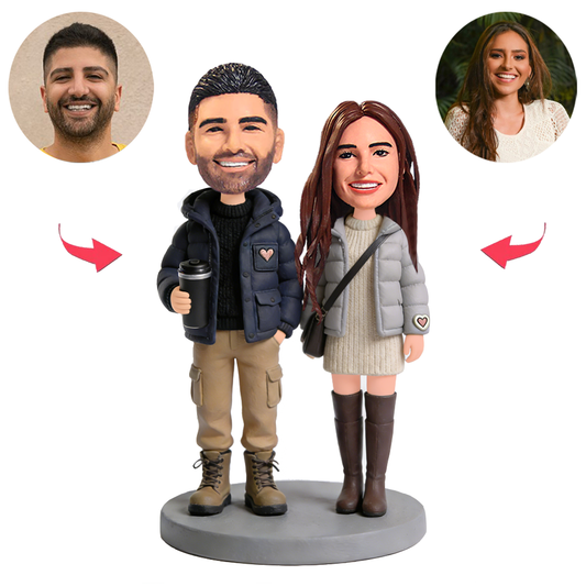 Couples in Down Jackets Standing Casually Custom Bobbleheads