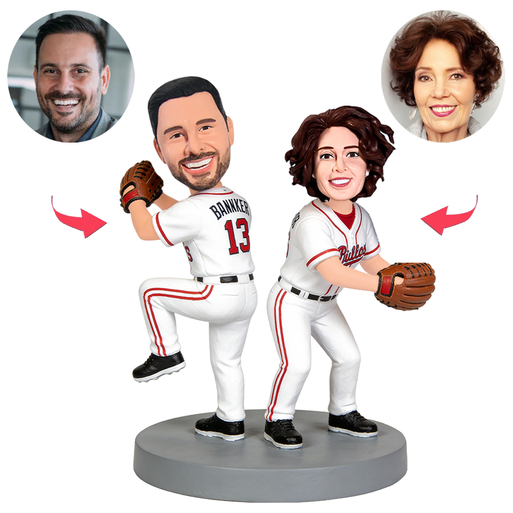 Baseball Couple Posing As If Throwing Custom Bobbleheads
