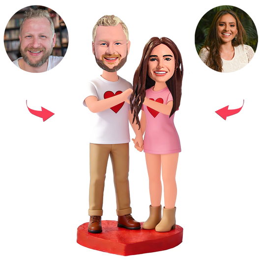 Loving Couple Wearing Heart-Shaped Shirts Custom Bobbleheads