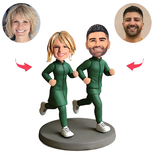 Running Couple Wearing Green Outfits Custom Bobbleheads