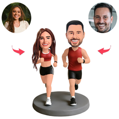 Couple in Red Sportswear Running Custom Bobbleheads