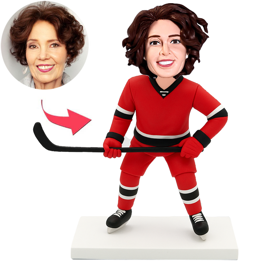 Female Ice Hockey Player in Red Jersey Custom Bobbleheads