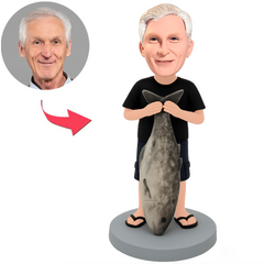 Man Wearing Black Slippers Holding Big Fish Custom Bobbleheads