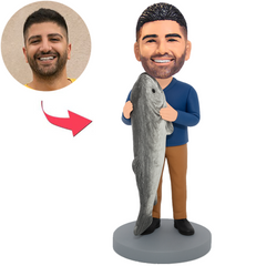 Man in Blue Shirt Holding Big Fish Custom Bobbleheads
