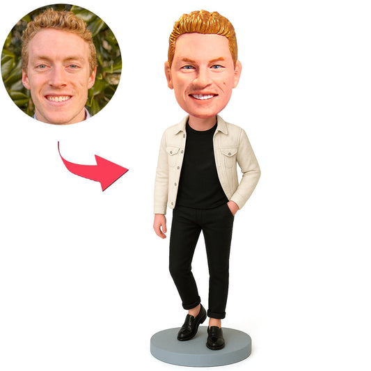 Casual Man in White Jacket Custom Bobbleheads