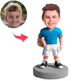 Kid Football Player in Blue Shirt Custom Bobbleheads