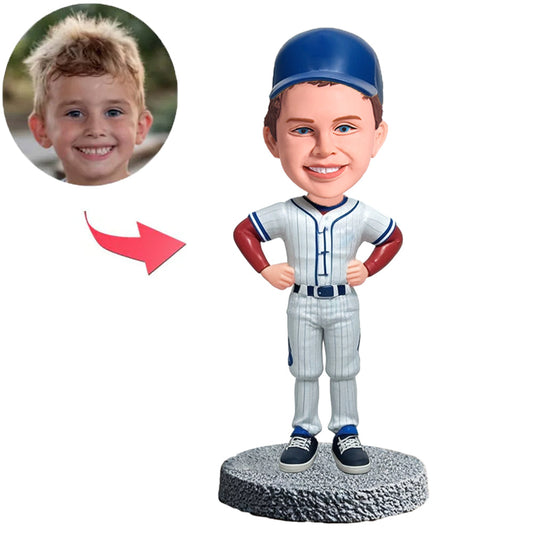 Little Kid Baseball Player with Blue Hat Custom Bobbleheads