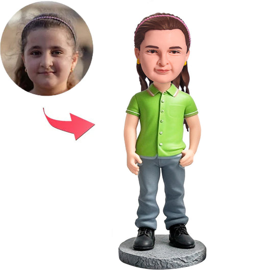 Little Girl in Green Casual Clothes Custom Bobbleheads