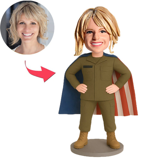 Female Soldier Wearing American Flag Cape Custom Bobbleheads