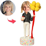 Birthday Gifts Woman Holding Birthday Cake And Balloons Custom Bobbleheads Add Text Cake Base