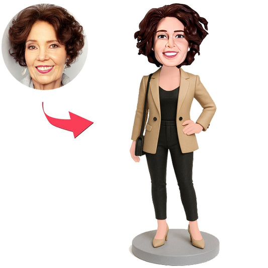 Fashionable Woman in Khaki Trench Coat Custom Bobbleheads