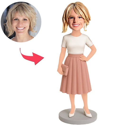 Woman Wearing Cinnamon Pink Skirt Custom Bobbleheads