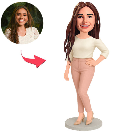 Woman Wearing Cinnamon Pink Pants Custom Bobbleheads