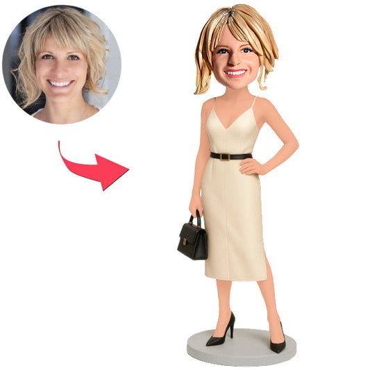 Woman in White Dress Carrying Bag Custom Bobbleheads