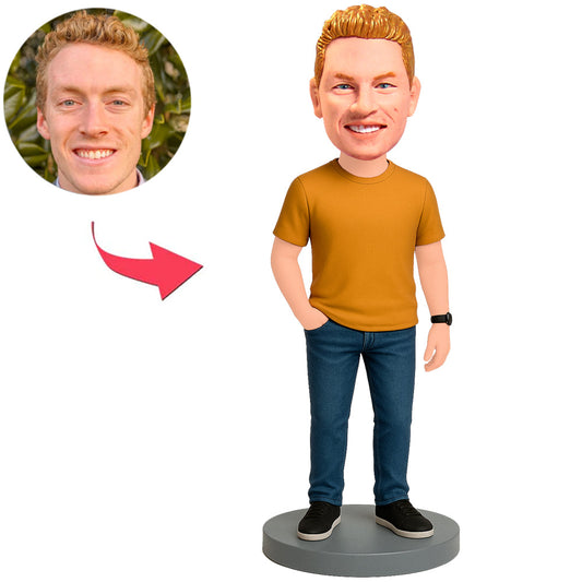 Man Wearing Yellow Short Sleeved Shirt Custom Bobbleheads