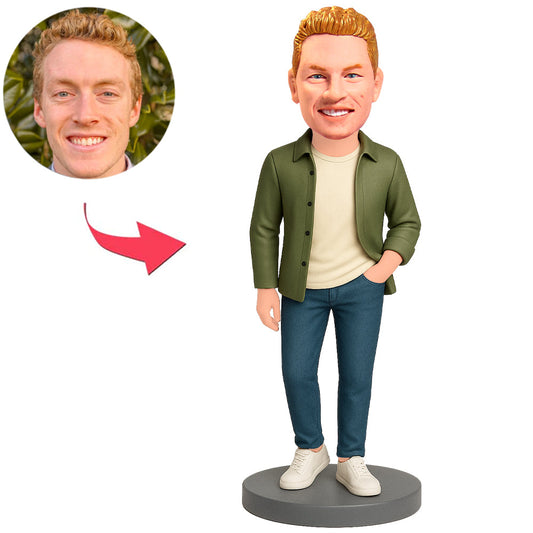 Man Wearing Green Casual Jacket Custom Bobbleheads