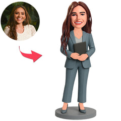 Business Lady in Blue Gray Suit Custom Bobbleheads
