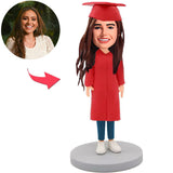 Red Suit Graduation Happy Girl Custom Bobbleheads Add Text With Graduation Hat