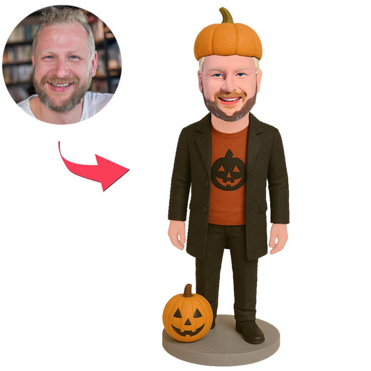 Halloween Man Wearing Pumpkin Hat Custom Bobbleheads