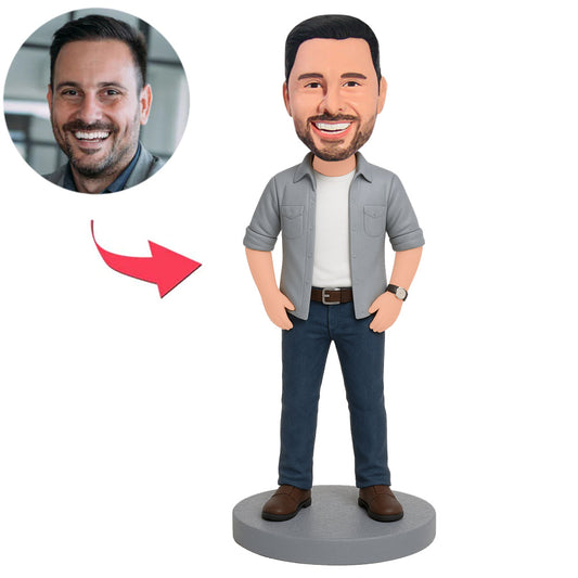 Man in Gray Jacket And Blue Pants Custom Bobbleheads
