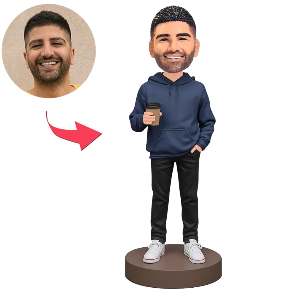 Man in Blue Sweatshirt Holding Coffee Cup Custom Bobbleheads
