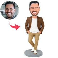 Man Wearing Brown Jacket And Beige Pants Custom Bobbleheads