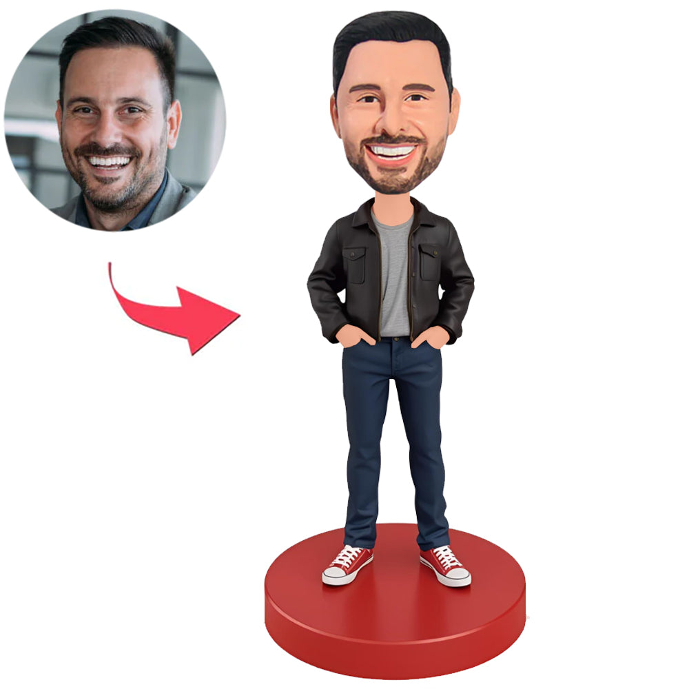 Man Wearing Black Jacket And Blue Pants Custom Bobbleheads