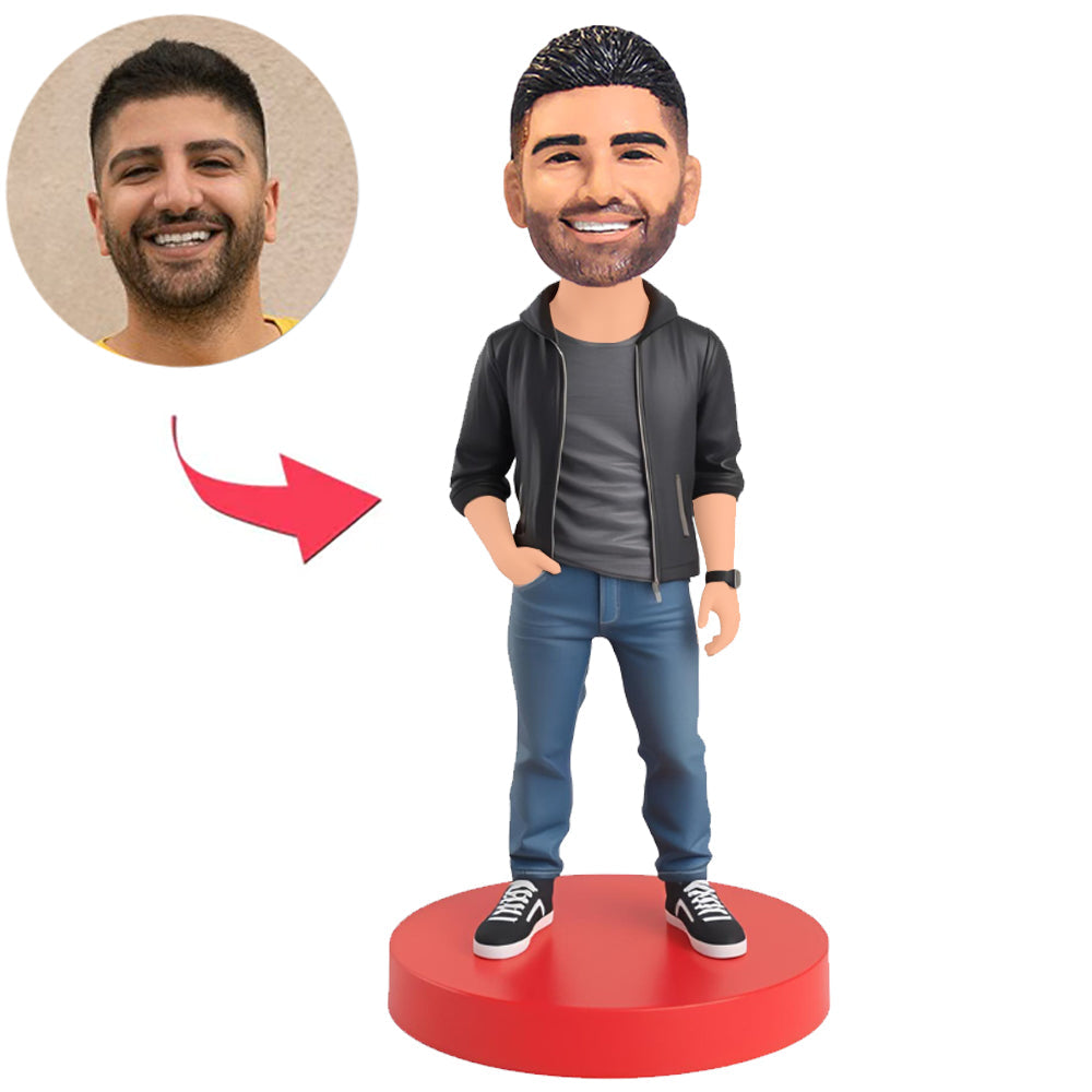 Man Wearing Black Jacket And Blue Jeans Custom Bobbleheads
