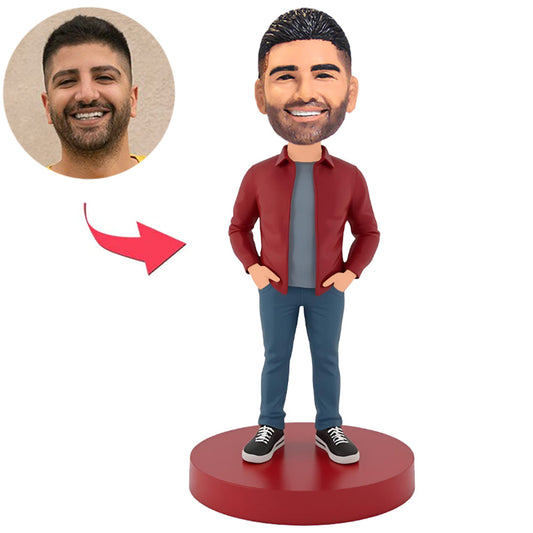 Casual Man Wearing Red Coat And Black Shoes Custom Bobbleheads