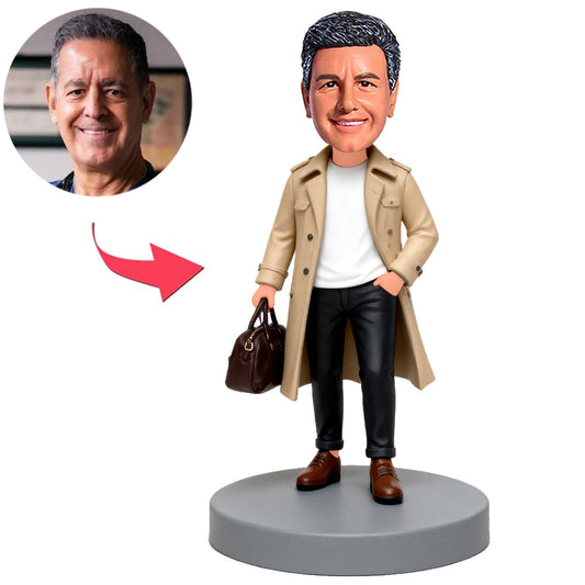 Man Wearing Beige Trench Coat Custom Bobbleheads