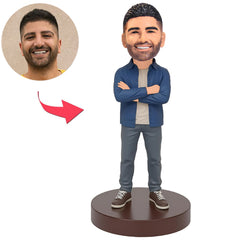Man Wearing Blue Jacket Arms Crossed Custom Bobbleheads