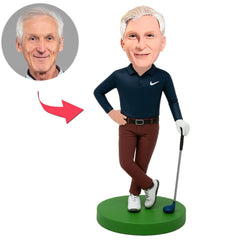 Old Golf Player in Navy Blue Polo Shirt Custom Bobbleheads