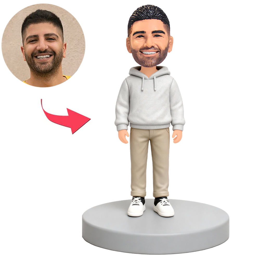 Man Wearing Light Gray Hoodie Custom Bobbleheads