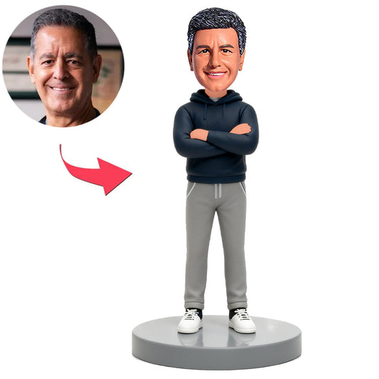 Modern Man Wearing Dark Blue Hoodie Custom Bobbleheads