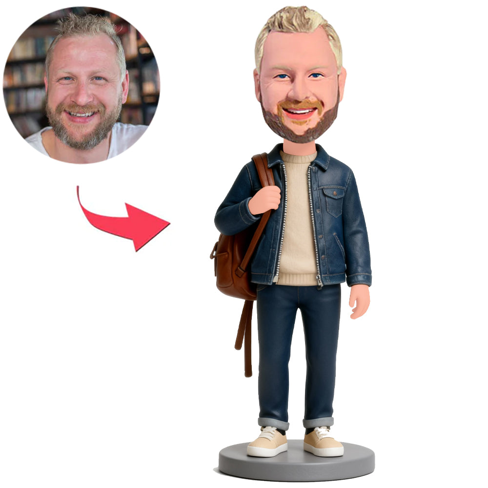 Man in Blue Coat with Backpack Custom Bobbleheads