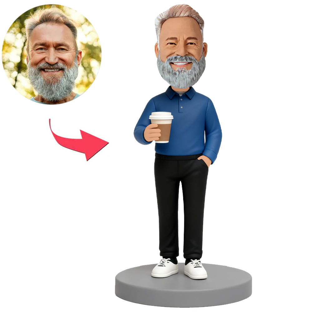 Man in Blue Polo Shirt Holding Coffee Cup Custom Bobbleheads