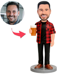 Man in Red Plaid Shirt Holding Beer Custom Bobbleheads