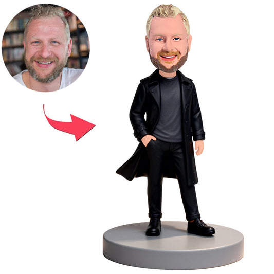 Fashion Man in Black Trench Coat Custom Bobbleheads