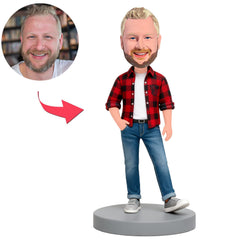 Man Wearing Red Plaid Shirt Gray Shoes Custom Bobbleheads