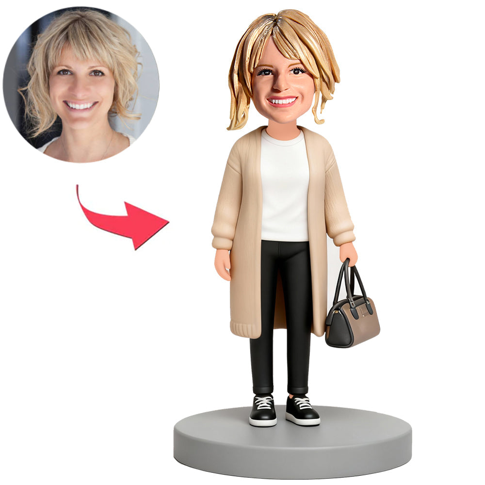 Woman in Light Brown Coat Custom Bobbleheads