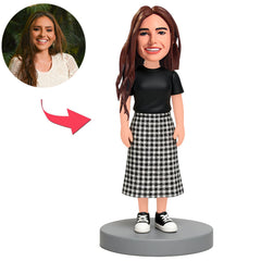 Girl Wearing Plaid Midi Skirt Custom Bobbleheads