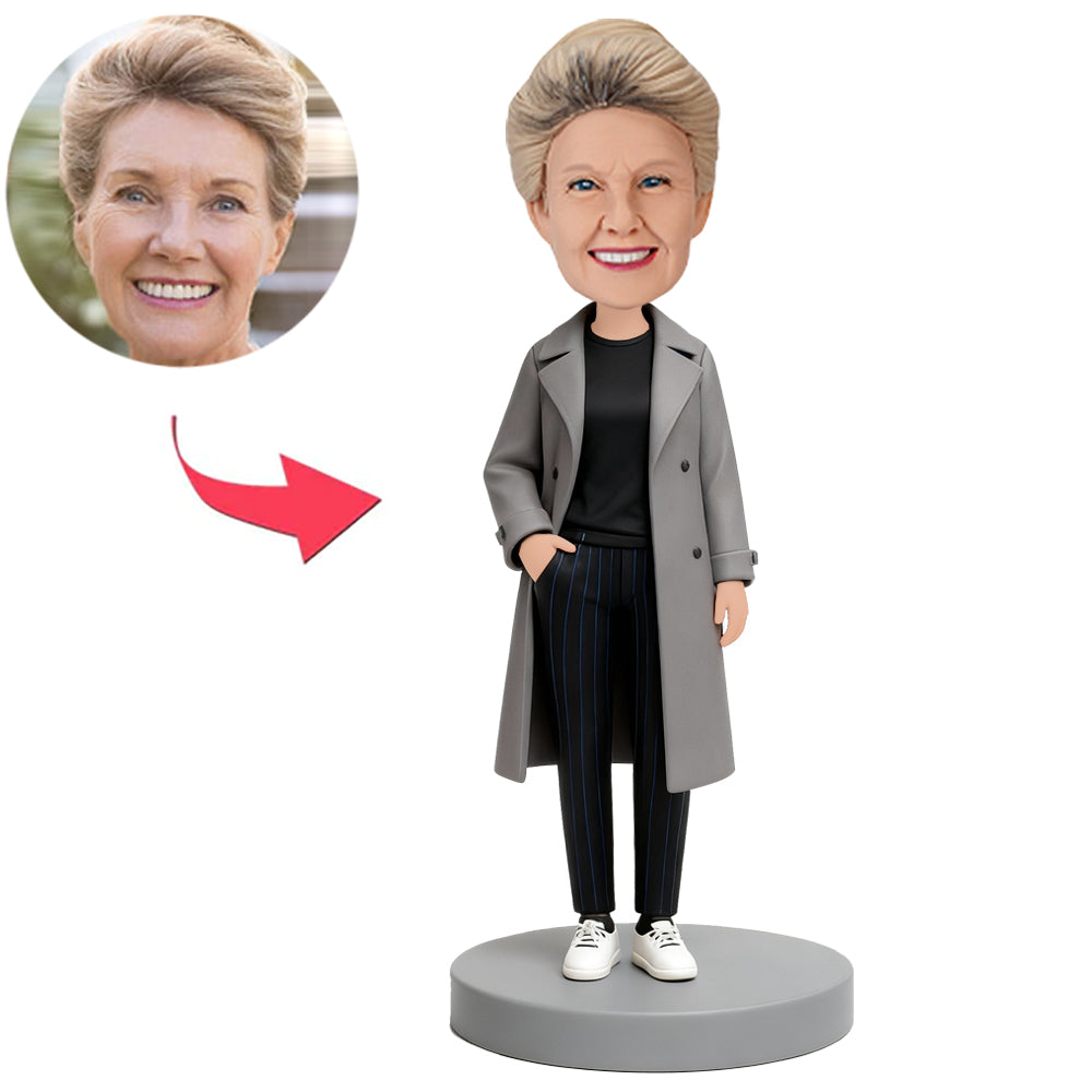 Woman in Gray Trench Coat Custom Bobbleheads