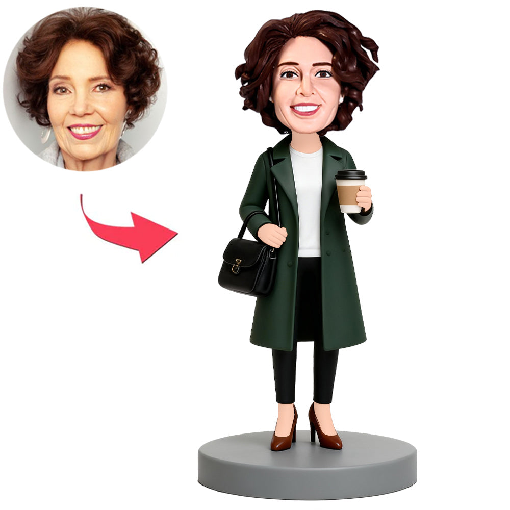Old Woman in Green Trench Coat Custom Bobbleheads