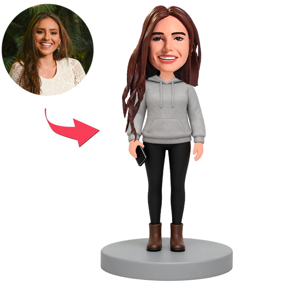 Beautiful Girl in Grey Sweatshirt Custom Bobbleheads