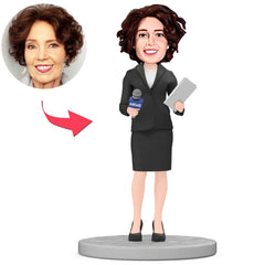 Female Host Announcer in Black Suit Custom Bobbleheads